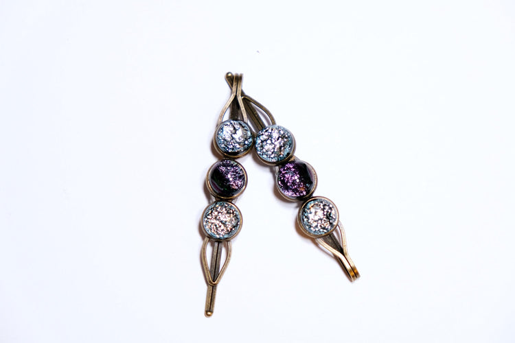 Bronze colored Bobby pin pair with 3 colored fused glass cabochons (shades of Purple & Silver), 3 inches. elegant unique hair jewelry seeds glassworks seedsglassworks