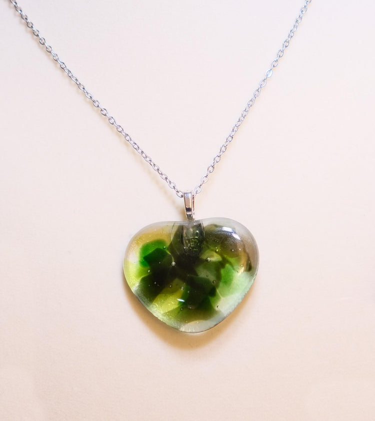 Shades of Green fused Glass Heart Pendant necklace on 18 inch stainless steel chain. Valentine's sweetheart gift seeds glassworks seedsglassworks