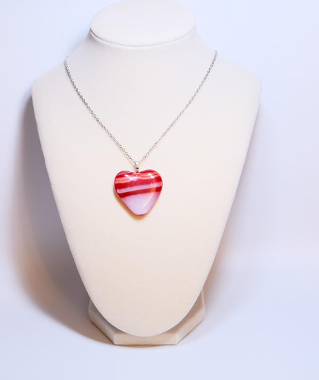 Red and White Striped Fused Glass Heart Pendant necklace on 18 inch stainless steel chain seeds glassworks seedsglassworks