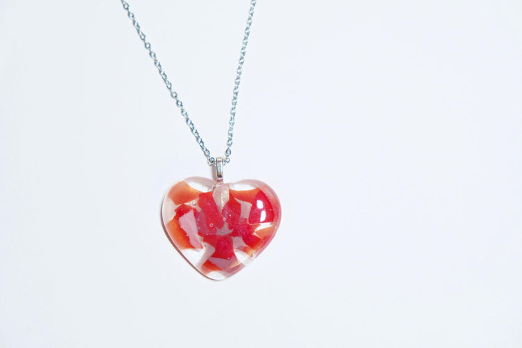 Shades of red fused Glass Heart Pendant necklace on 18 inch stainless steel chain. Valentine's sweetheart gift seeds glassworks seedsglassworks