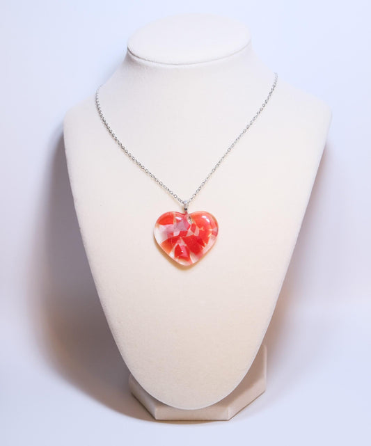 Shades of red fused Glass Heart Pendant necklace on 18 inch stainless steel chain. Valentine's sweetheart gift seeds glassworks seedsglassworks