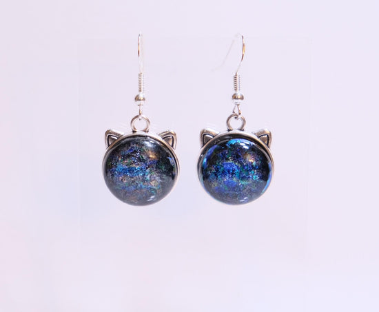 Whimsical Cat Head Shaped pierced Earrings - Silver Tone with blue Dichroic Glass seeds glassworks seedsglassworks