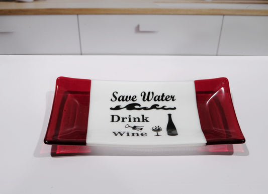 Wine Lover serving plate fused glass 10 inches, red and white