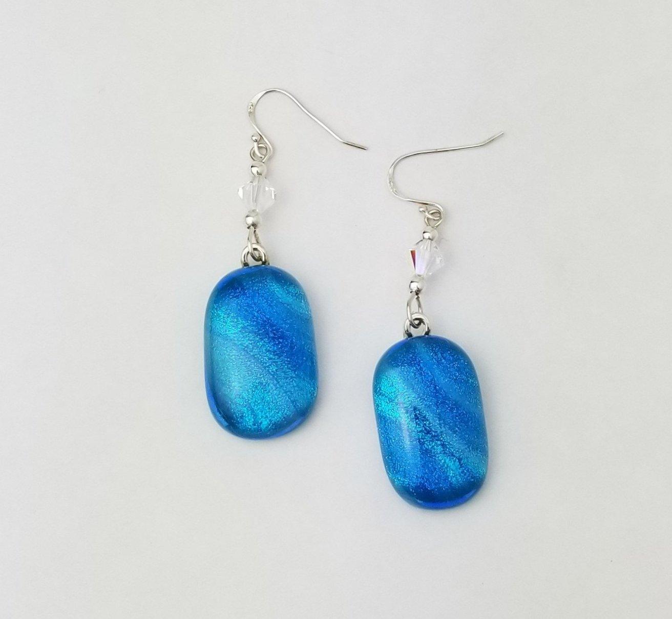 Blue Galaxy sparkle fused glass pierced drop silver earrings crystal bead accents