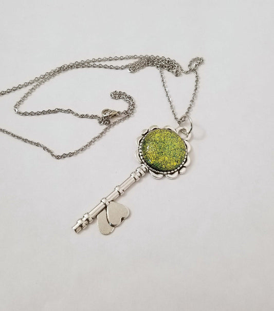 Silver finish Flowered Skeleton Key with Fused Glass Green Dichroic cabochon on 24 inch stainless steel chain Seeds Glassworks