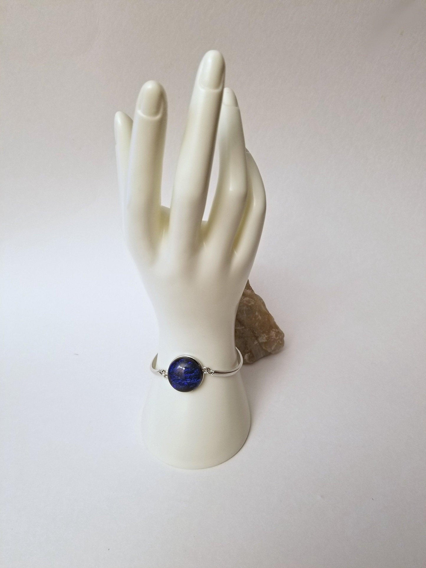 Delicate Adjustable Bracelet,  silver tone with Dichroic  Blue  wave  fused glass cabochon