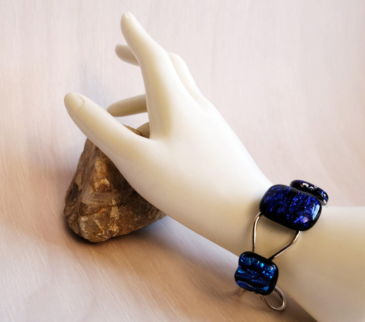 Adjustable cuff Bracelet, silver tone with 3 Dichroic Blue wave fused glass cabochons seeds glassworks seedsglassworks