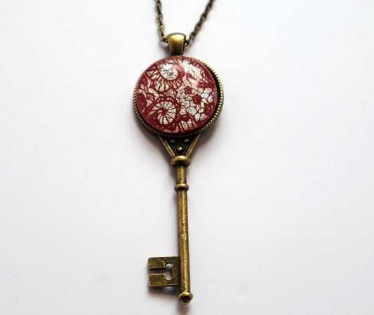 Antiqued Brass Skeleton Key pendant necklace with Fused Glass red lace Dichroic cabochon on 24 inch brass plated chain jewelry  steam punk and Victorian style seeds glassworks seedsglassworks