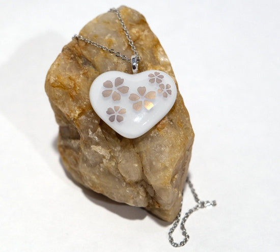 White Fused Glass Heart with Goldish flowers Pendant necklace on 20 inch stainless steel chain seeds glassworks seedsglassworks